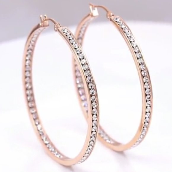 Rose Gold Clear Stone Rhinestone Hoop Earrings Sparkle CZ Crystal Channel Hoops - Picture 3 of 8